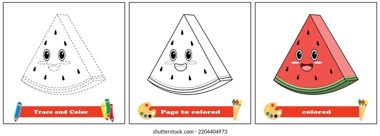 trace and color for kids, coloring book for kids, watermelon kawaii vector.