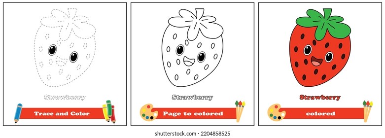 Trace And Color For Kids, Coloring Book For Kids, Strawberry Kawaii Vector.