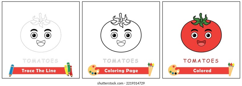 trace and color for kids, coloring book for kids, tomatoes kawaii vector.