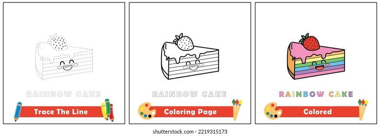trace and color for kids, coloring book for kids, rainbow cake kawaii vector.