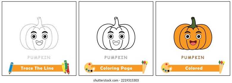 trace and color for kids, coloring book for kids, pumpkin kawaii vector.