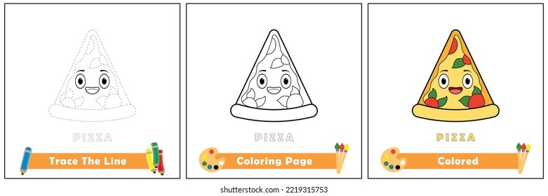 traza y color para los niños, libro de colorear para los niños, vector pizza kawaii.