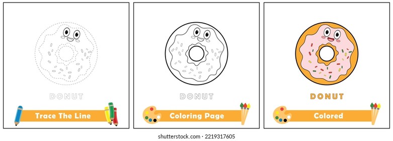 trace and color for kids, coloring book for kids, donut kawaii vector.