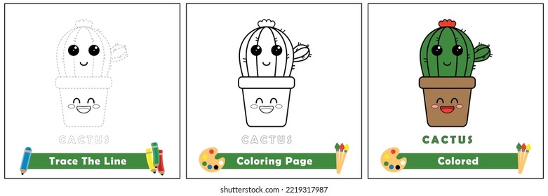 trace and color for kids, coloring book for kids, cactus kawaii vector.