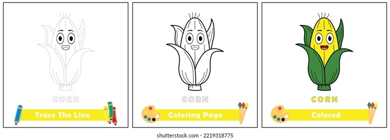 trace and color for kids, coloring book for kids, corn kawaii vector.