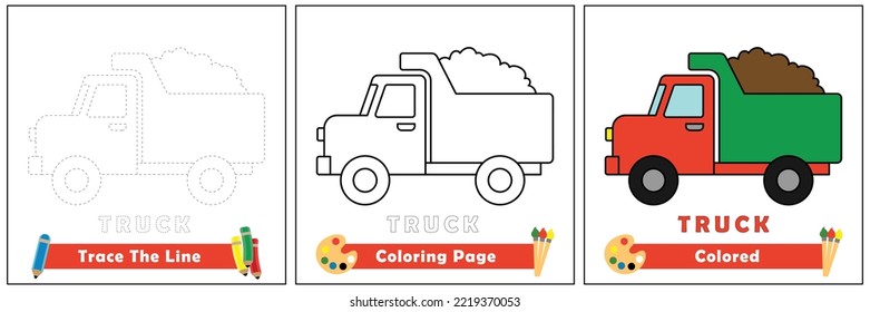 trace and color for kids, coloring book for kids, truck vector.