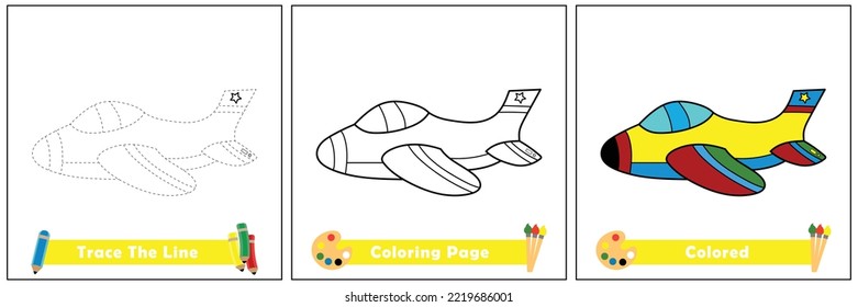 trace and color for kids, coloring book for kids, airplane vector.