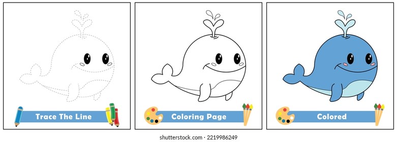 traza y color para los niños, libro de colorear para los niños, vector de kawaii ballena.