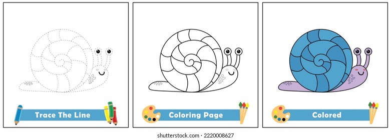 trace and color for kids, coloring book for kids, snail kawaii vector.