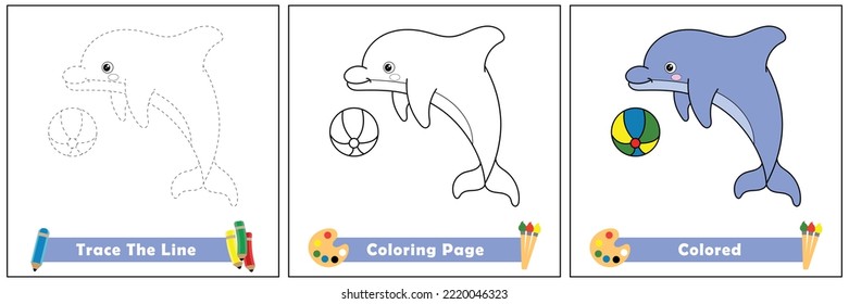 trace and color for kids, coloring book for kids, Dolphin kawaii vector.