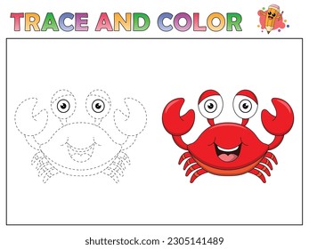 trace and color for kids, coloring book for kids, crab kawaii vector.