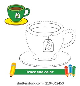 Trace and color for kids, cup of tea vector