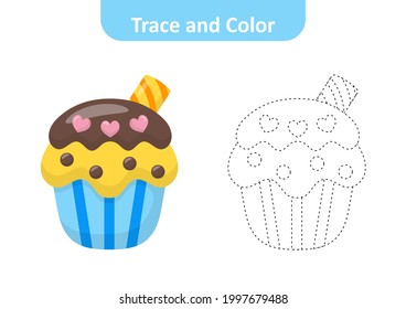 Rastreo y color para niños, vector de cupcake