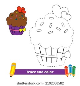 Trace and color for kids, cupcake vector