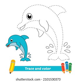 Trace And Color For Kids, Dolphin Vector