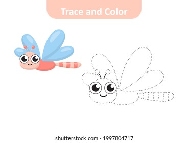 Trace and color for kids, dragonfly vector