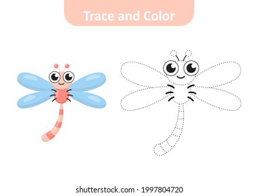 Trace and color for kids, dragonfly vector