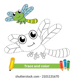 Trace and color for kids, dragonfly vector