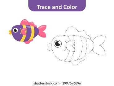 Trace and color for kids, fish vector