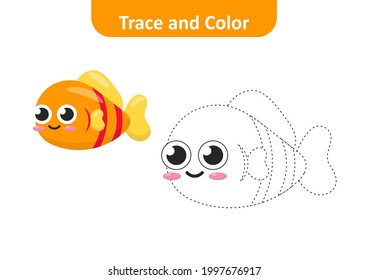 Trace and color for kids, fish vector