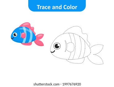 Trace and color for kids, fish vector