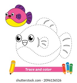 Trace and color for kids, fish vector