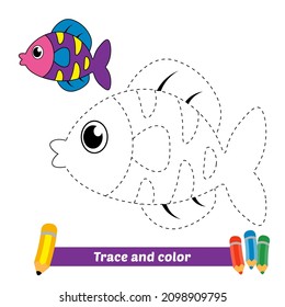 Trace and color for kids, fish vector