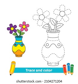 Trace and color for kids, flower and vase vector