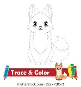 Trace and color for kids, fox kawaii vector