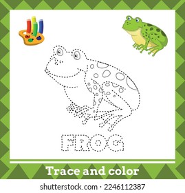 Trace and color for kids, frog vector kids activity page