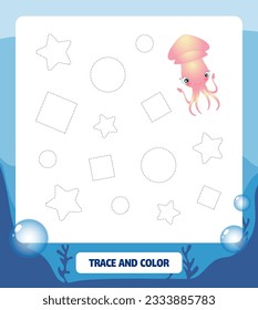 Trace and color for kids. Geometric shapes. Squid in cartoon style. Game for kids.