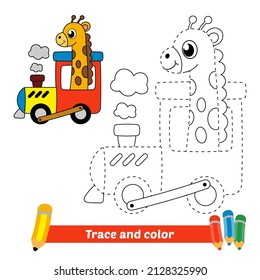 Trace and color for kids, giraffe on steam train vector