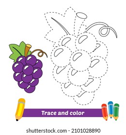 Trace and color for kids, grapes vector