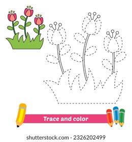 traza y color para los niños, pasto y vector de flores