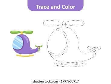 Trace and color for kids, helicopter vector