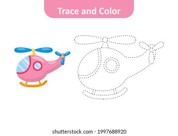 Trace and color for kids, helicopter vector