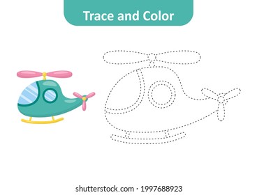 Trace and color for kids, helicopter vector