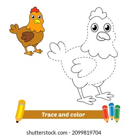 Trace and color for kids, hen vector