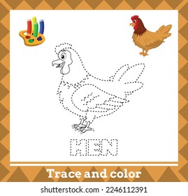 Trace and color for kids, hen vector kids activity page