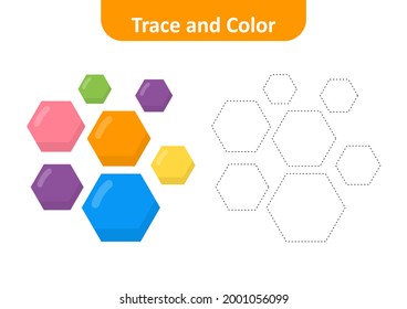 Trace and color for kids, hexagon vector
