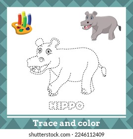 Trace and color for kids, hippo vector kids activity page