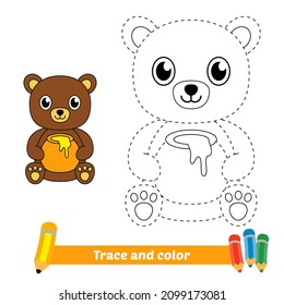 Trace and color for kids, honey bear vector