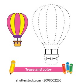 Trace and color for kids, hot air balloon vector