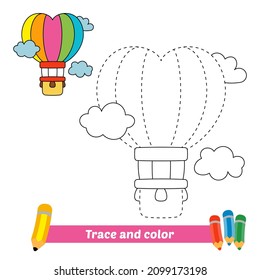 Trace and color for kids, hot air balloon vector