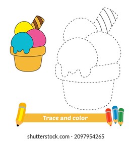 Trace and color for kids, ice cream vector