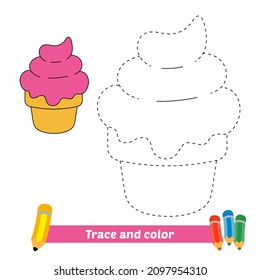 Trace and color for kids, ice cream vector