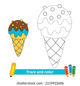 Trace and color for kids, ice cream vector