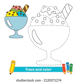 Trace and color for kids, ice cream glass vector