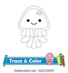 Trace and color for kids, jellyfish kawaii vector