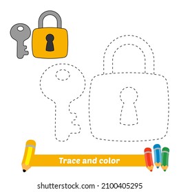 Trace and color for kids, key and padlock vector